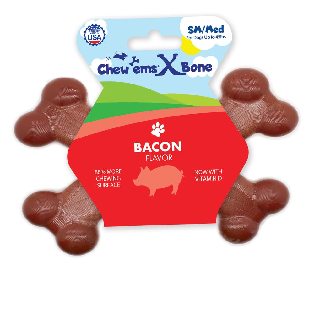 Chew’ems X Bone Dog Chew – Long-Lasting Bacon Flavor Treats for Aggressive Chewers – Rawhide-Free, Durable Dental Chews – Small Size