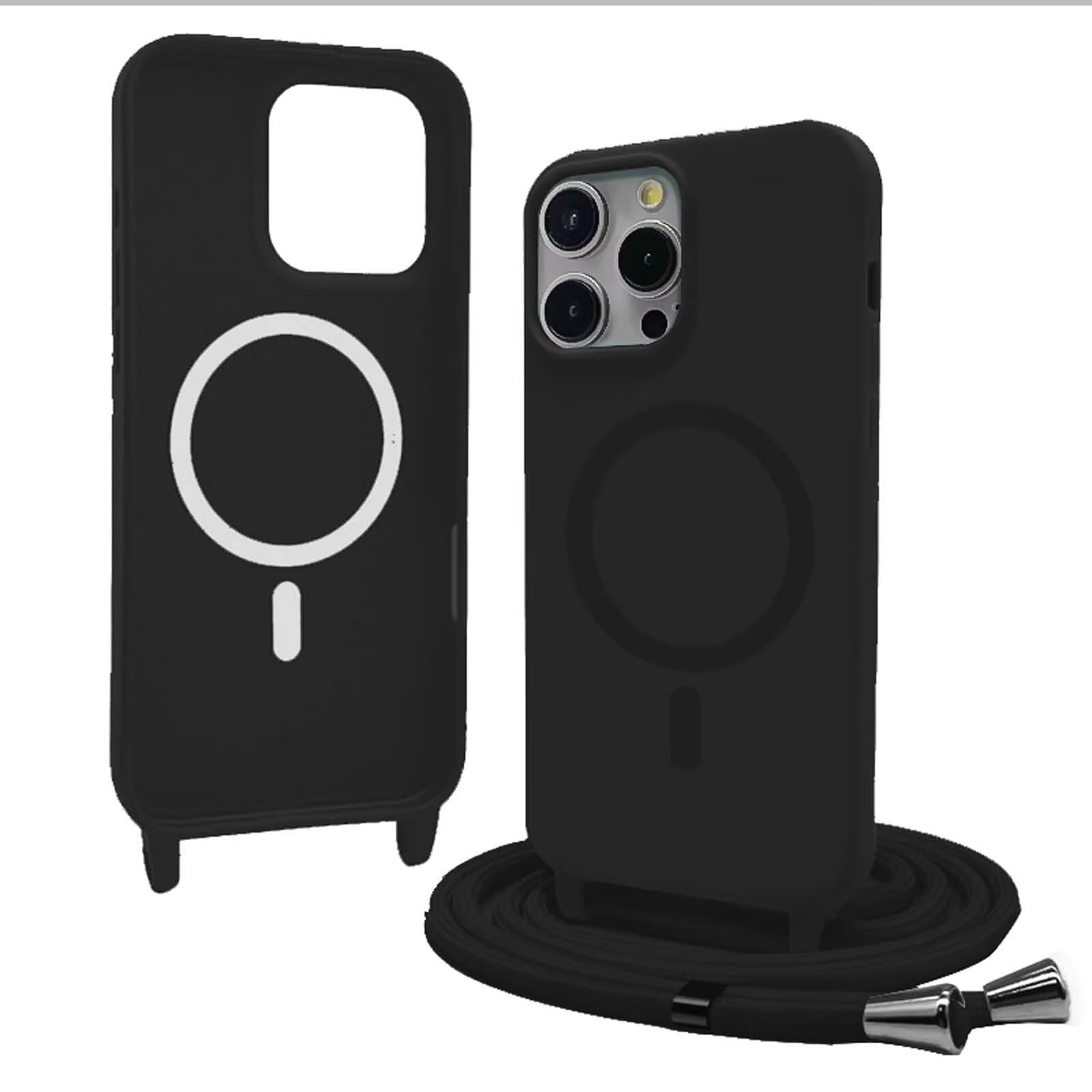 Custodia IPhone 15 Pro Max Con Laccio - Magnetica MagSafe, Silicone Sottile, Design Cuore, Nero - Foto 3