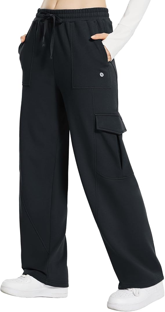 BALEAF Womens Cargo Sweatpants Wide Leg Sweat Pants with Pockets Mid Rise Dance Athletic Fleece Lined