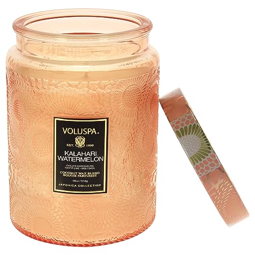 Image of Voluspa Kalahari Watermelon, Large Candle Jar, 18 oz, 100 Hour Burn Time, Coconut Wax for Clean Burning, Handcrafted in the USA