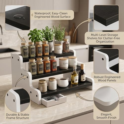 Image of Wooden 3 Tier Kitchen Organizer Rack for Countertop | Spice Rack Stand for Kitchen Counter | Masala Storage Shelf | Multipurpose Kitchen Storage Rack - Black-White