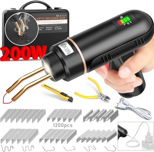 VTSHENY 200W Soldador de Plastico, USB Recargable Soldador con con Batería 5000ma, Inalámbrico Plástico Soldadura Máquina 1200 Pieza 6 Tipo Grapas, Soldadura Plástico Kit de Reparación Parachoques