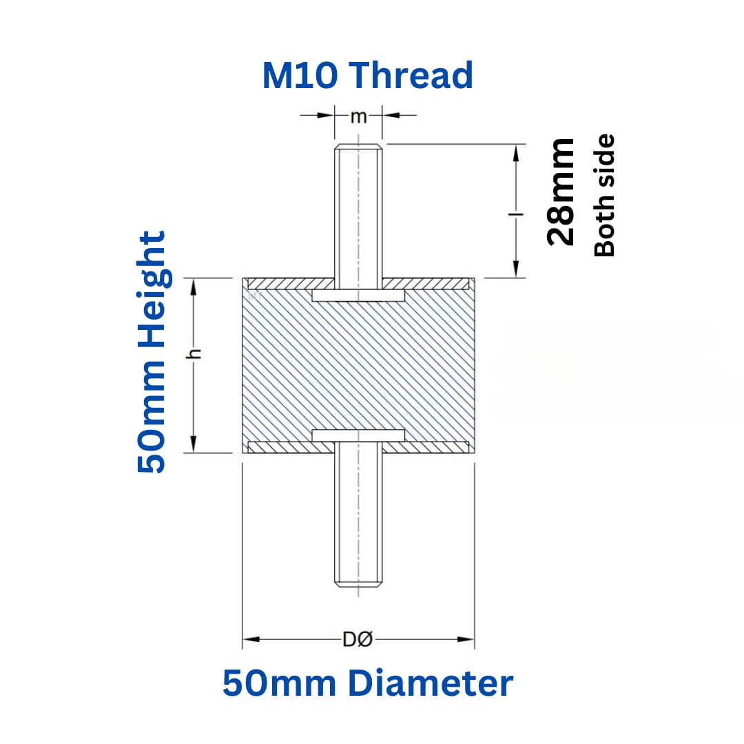 Supporti per bobina in gomma M10-50 x 50 mm maschio/maschio, isolatore antivibrazione, pompa ammortizzatore cilindrico per compressore d'aria, ammortizzatore cilindrico (M10 filettatura x 28 mm I - 50
