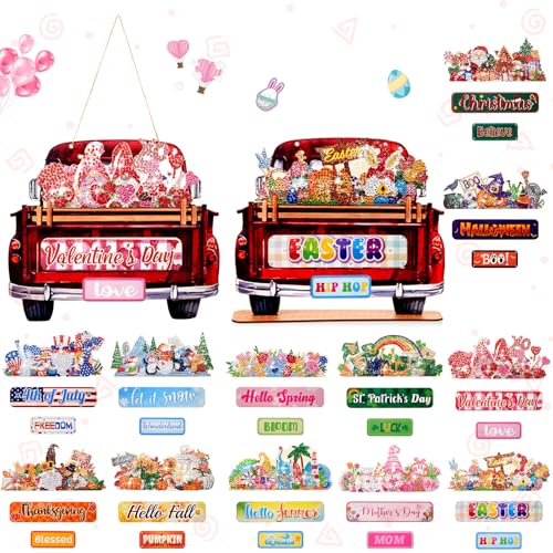 Menkxi 36 Pcs Interchangeable Diamond Painting Welcome Sign for Front Door Red Farmhouse Truck Decor Hanging Sign Seasonal Holiday Wooden Decor for Home Porch Farmhouse Rustic Red Truck Door Hanger