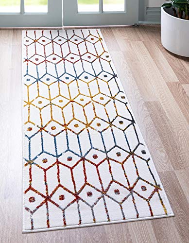 Rugs.com Lattice Trellis Collection Rug – 6 Ft Runner Multi Low-Pile Rug Perfect for Hallways, Entryways