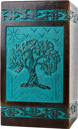 INTAJ Wooden Cremation Urns for Human Ashes - Large 180 lbs, Handcarved Tree of Life Design, Suitable for Men, Women, Mom, Dad - TSA Approved, Decorative Memorial Urn Box, Green