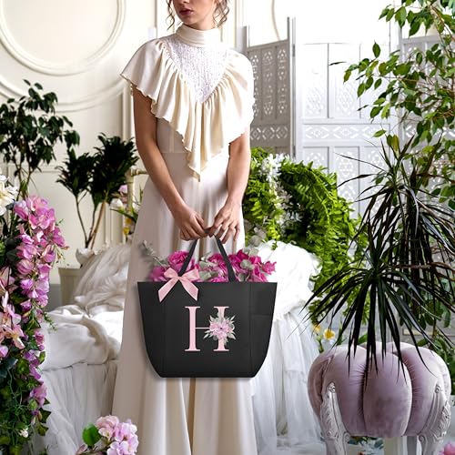 Vavabox Tote Bag, A-Z Initial Monogrammed Waterproof Tote Bag, Bridesmaid Gifts for Women, Black and Pink (H, Black) — view 2