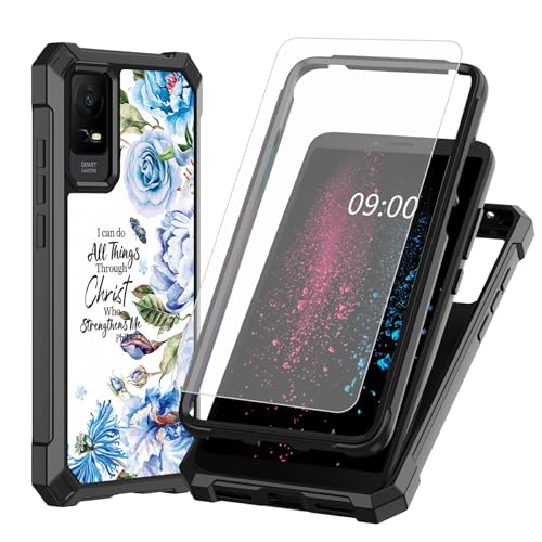 BWEGRHE Bible Blue Flower Design for TCL ION X T607DL Phone Case with Tempered Glass Screen Protector, 2 Layers Shockproof TPU Corner + Built-in Frame Bumper Case for TCL 40Z/TCL ION V