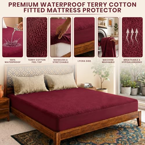 Image of Lithara Terry Cotton Fitted Mattress Protector for Single Bed | Waterproof & Elastic Band | Ultra Soft & Hypoallergenic Mattress Cover | Size : 36 x 78 Inches (3 x 6.5 Feet) | (Wine Red)