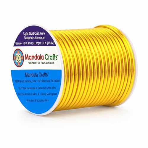 Image of Mandala Crafts 12 Gauge Light Gold Tone Anodized Aluminum Craft Wire 60 FT | Colored, Flexible, Bendable, for Bonsai, Armature, Sculpting, Wire Wrapping, Jewelry Making, Weather & Tarnish Resistant