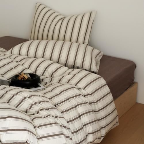 Image of Brown Striped Duvet Cover Twin Size Beige Brown Strips Duvet Cover Set Vintage Retro Vertical Striped Soft Lightweight Microfiber Bedding Set with Zipper Closure and 1 Pillowcase