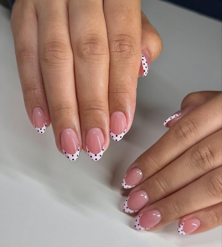 Press-On Nails Polka Dot French Tip, Oval Shape, Pink | White French Tips, Black Polka Dots, Reusable Design, Short Length, Salon Style-picture-15