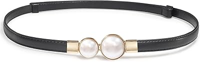 Skinny Belts for Women Thin PU Leather Waist Belt Pearl Buckle Belt for Dresses