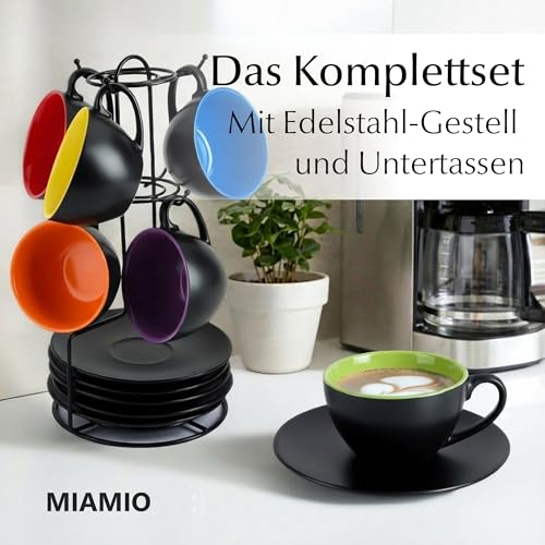 Cappuccino Tassen Miamio – 6 x 175 ml mit Unterteller und Ständer