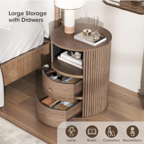 Image of JOINICE Walnut Round Nightstand with Storage, Open Shelf and 2 Drawers