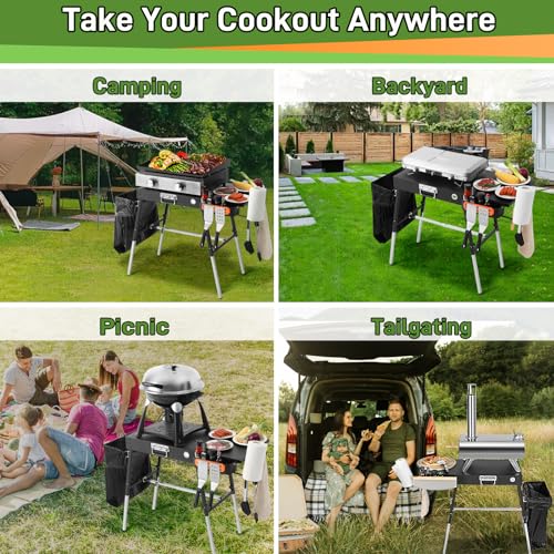 AOKEMAi Outdoor Grill Table Blackstone Griddle Stand 17" & 22", Folding Camping Table with Side Shelf and Caddy, Ninja Grill Stand& Pizza Oven Table for Tailgating, Blackstone Griddle Accessories