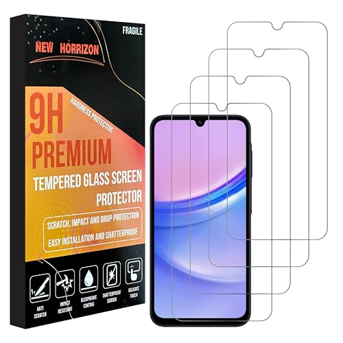 New Horrizon [4-Pack Screen Protector for Samsung Galaxy A15 4G / 5G (6.5-Inch) [LifetimeSupport] Mobile Tempered Glass Screen Protector [Impact-Protection][Anti-Shatter][Anti-Scratch] - (4-Pack)