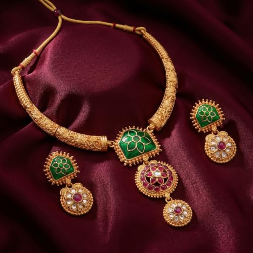 Image of Gold-Plated Antique Temple Jewellery Set for Women - Traditional Necklace with Large Peacock Pendant & Matching Jhumka Earrings | Ethnic Festive & Bridal Wear Set with Ruby & Emerald Accents