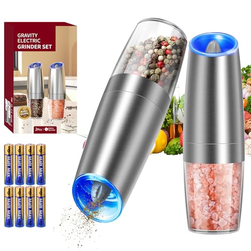 CIRCLE JOY Gravity Electric Salt and Pepper Grinder Set Stainless Steel Automatic Salt and Pepper Grinder Set, Battery Operated, LED Light, Adjustable Coarseness, for Home Kitchen BBQ, Silver