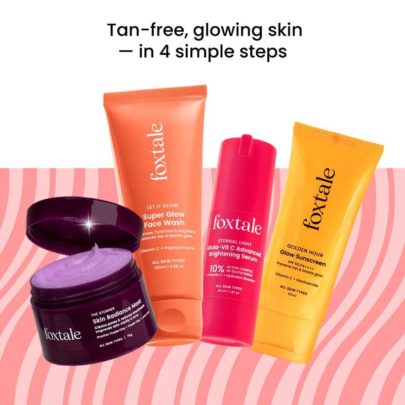 Image of Foxtale Complete Glow Combo | Vitamin C Face Wash + 10% Vit C Serum + Radiance Mask + SPF 50 Sunscreen | Removes tan, brightens, hydrates & protects | For radiant, even-toned skin | For Men & Women