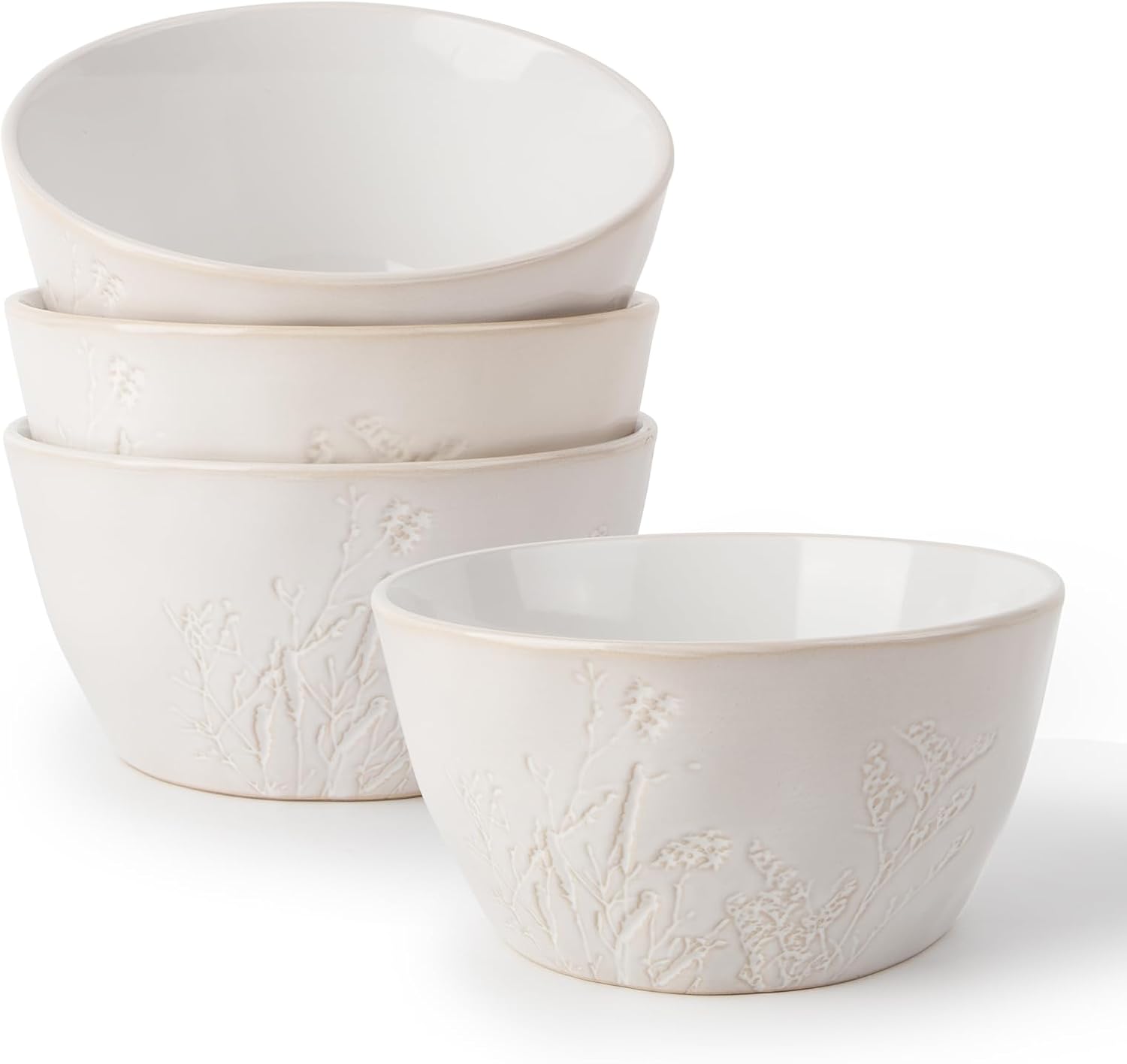 DOWAN 32 OZ Bowls Sets of 4, Ceramic Soup & Creal Bowls with 25 oz Normal Capacity, Large Bowls, Embossed Floral Design, Stackable, Microwave & Dishwasher Safe, for Pasta, Ramen, Salad