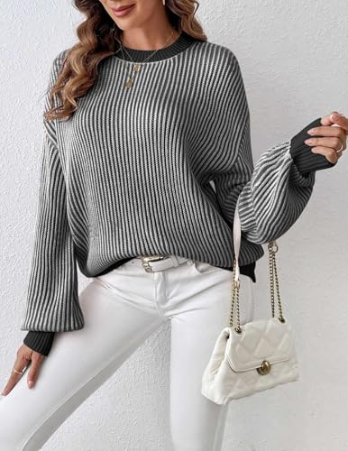 Image of Zeagoo Women 2026 Fall Lightweight Oversized Sweater Crew Neck Long Sleeve Color Block Pullover Rib Knit Blouse Tops XS-2XL