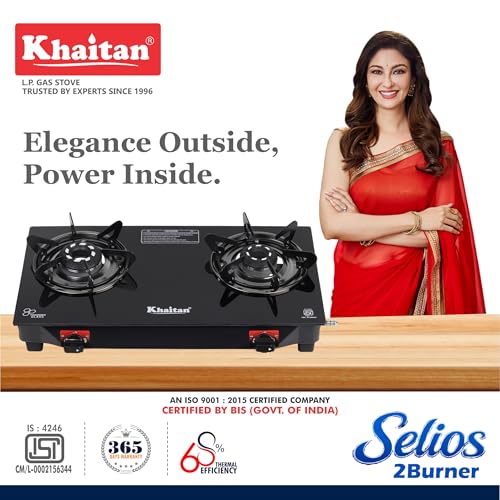 Image of Khaitan 2 Burner Selios Black Manual Gas Stove Toughened Glass, Alloy Premium Burners, ISI Marked with 1 Year Warranty.