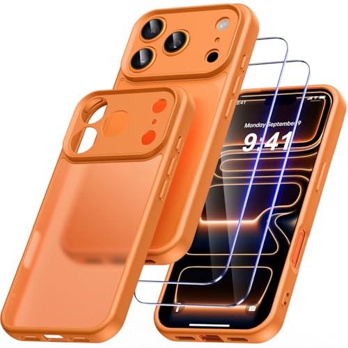 Qasyfanc Funda Compatible con iPhone 17 Pro, Carcasa con Protección de La Cámara y 2 Protector Pantalla, TPU Protección Militar Funda PC Anti-Arañazos Caso, Naranja