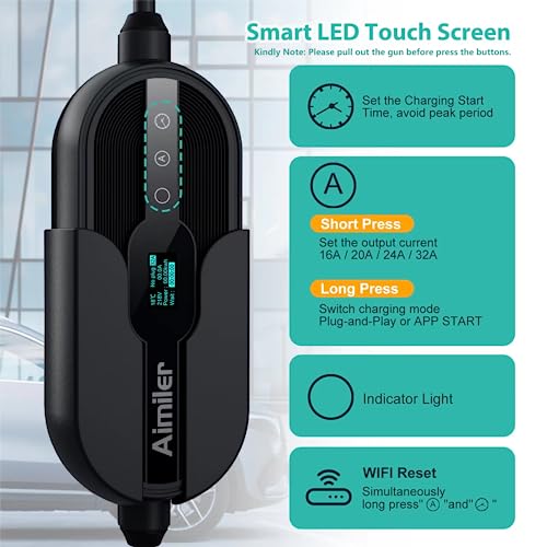 Aimiler Level 2 Electric Vehicle (Ev) Charger(32Amp, 220V-240V, Nema 14-50 Plug), 25Ft Premium Cable, Portable Indoor/Outdoor Evse Sae J1772 Ev Car Charging Station W/Start Charge Timer, Wifi Enabled #TOP1