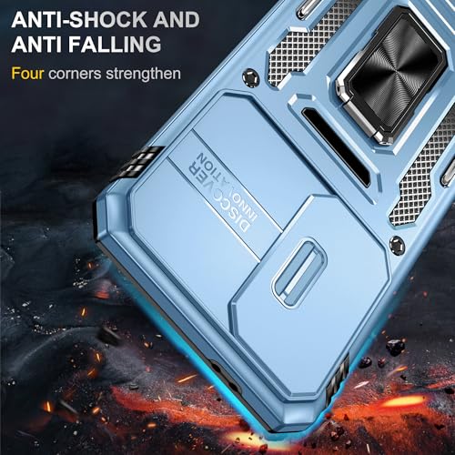 Image of Polycarbonate Slide Camera Cover with Ring Holder Mobile Phone Back Cover for Samsung Galaxy S24 FE (Blue)