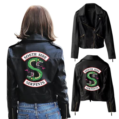 South Side Riverdale Jacket Serpents Faux Leather Motorcycle Jacket Zip Front with Snake Logo (US, Alpha, Medium, Regular, Regular, Black)