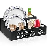 Paper Plate Holders for Kitchen Counter, Take One or Do the Dishes Paper Plate Holders,Disposable Coffee Cup Dispenser,Wooden Paper Plate Organizer Box for Kitchen Decor,Disposable Dish Holder(Black)