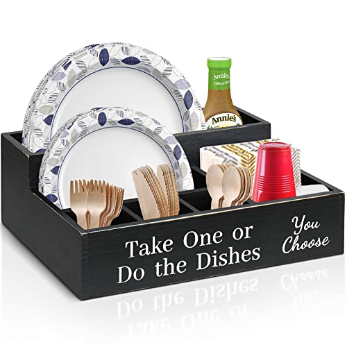 Paper Plate Holders for Kitchen Counter, Take One or Do the Dishes Paper Plate Holders,Disposable Coffee Cup Dispenser,Wooden Paper Plate Organizer Box for Kitchen Decor,Disposable Dish Holder(Black)