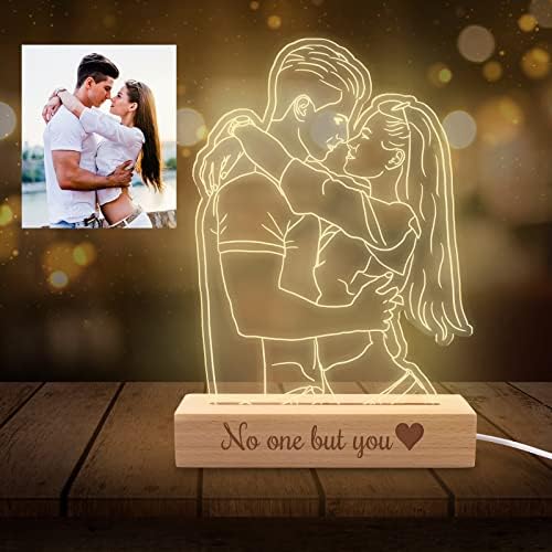 YAEILOV Personalized 3D Portrait Night Light with Photo Custom LED Name Lamp Acrylic Picture Plaque Wood Engraved Stand for Her Lover Men Women Valentine’s Day Gift