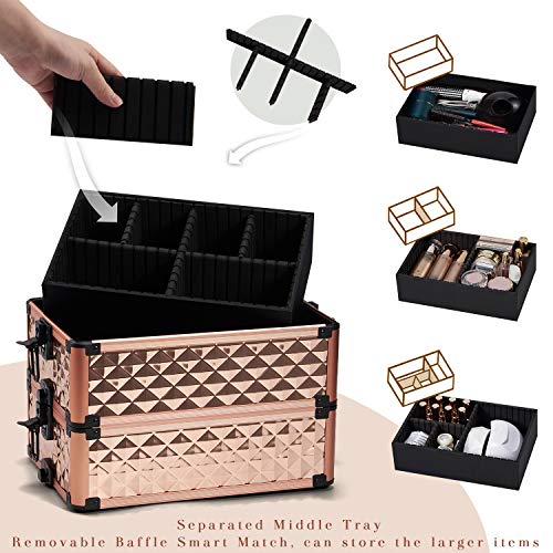 Stagiant Rolling Makeup Train Case Large Storage Cosmetic Trolley 4 in 1 Large Capacity Trolley Makeup Travel Case with Key Swivel Wheels Salon Barber Case Traveling Cart Trunk - Rose Gold