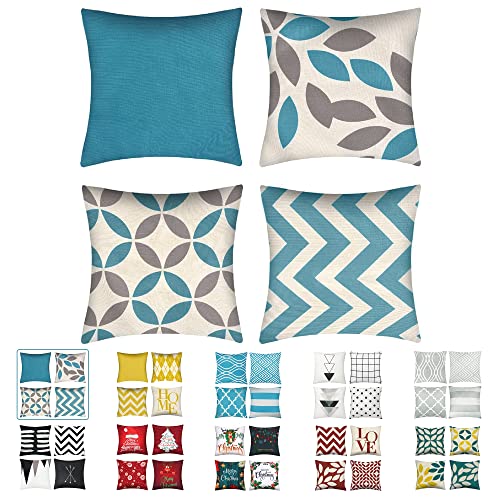 pendali Fundas de Cojín, Funda de Almohada Lino de algodón Decorativa Geometría Moderna con Cremallera Invisible Funda de Cojín 45x45cm, Juego de 4 Funda de Cojines para Sala de Estar Sofás (Azul) Cover