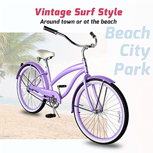 Bicicleta Tracer Nova Beach Cruiser para Mujer, ruedas de 26 pulgadas, marco de acero Hi-Ten, 1 velocidad, freno contrapedal, bicicleta híbrida para adultos, bicicletas cruiser completas, color púrpura miniatura 5