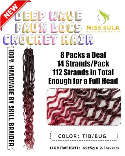 Goddess Faux Locs Crochet Hair -24 Inches 8 Packs 112 Strands Pre Looped Ombre Burgundy Synthetic Hair Extensions,Soft Goddess Locs Braids with Long Deep Wave Curly Ends(24"-8 Packs,T1B/Bug)