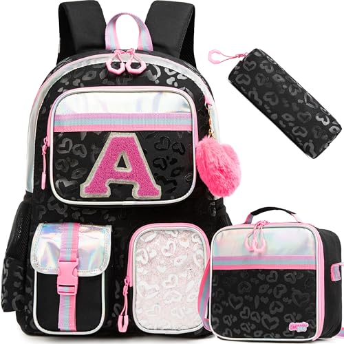 Meetbelify Mochila para meninas com letras para estudantes do ensino fundamental e adolescentes bolsa escolar fofa para crianças de 8 a 10 anos, Love Black, 16.5'x11.8'x7.8', Moderno