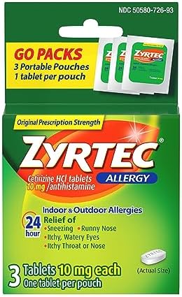 Zyrtec 24 Hour Allergy Relief Tablets, 10 mg Cetirizine HCl Antihistamine Allergy Medicine, Travel Size, 3 ct