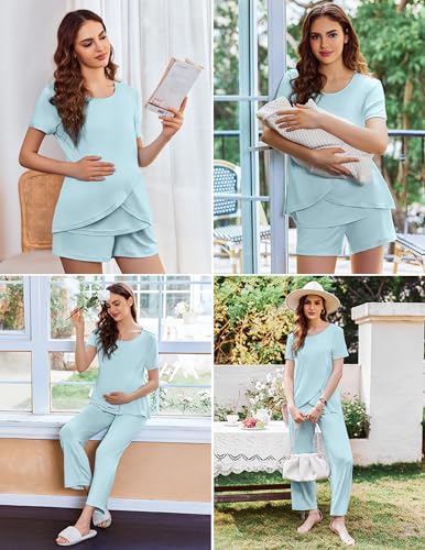 Image of Ekouaer 3 PCS Maternity Nursing Pajamas Set Postpartum Breastfeeding Short Sleeve Shirts, Pregnancy Shorts & Pants Pjs S-XXL