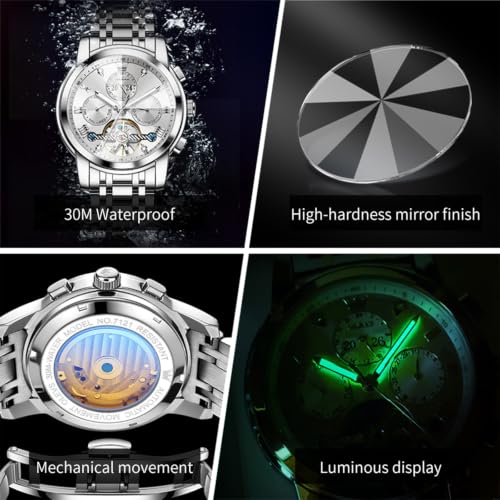 Image of OLEVS Men's Automatic Watch Batteryless Waterproof Mechanical Self Winding Stainless Steel Dress Luxuxry Wrist Watch with Tourbillon, Day-Day-Year & Chronograph Gift for Him Relojes de Hombres