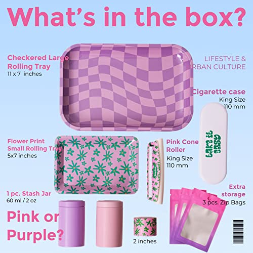 9-Piece Kit, Flowers and Checkers Pink Rolling Tray Set, Smoking Accessories Gift, Bundle by Gray Oval
