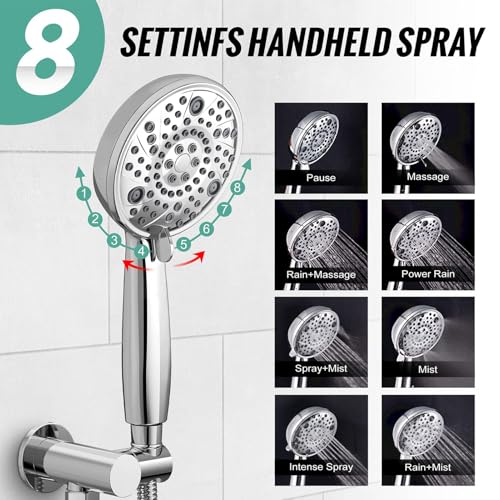 Image of SR SUN RISE Shower Faucet - 8 Inch Multifunctional High Pressure Shower Head System with Handheld Shower Head Fixtures - Valve Included - Polished Chrome