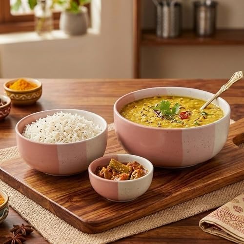 Image of The Earth Store Tritone Pink Ceramic Serving Bowl Set of 3 - 800ML, 500ML, 150ML Microwave Safe Bowl, Elegant Serving Bowl | Ceramic Bowl Set of 3 for Home | Restaurants | Gifting