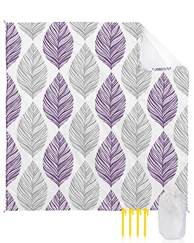 Beach Blanket Sandproof Waterproof Picnic Blankets Purple Gray Leaves on White Extra Large Lightweight Outdoor Beach Mat with Corner Pockets for Travel/Camping/Hiking Vintage Sketch Leaf Art