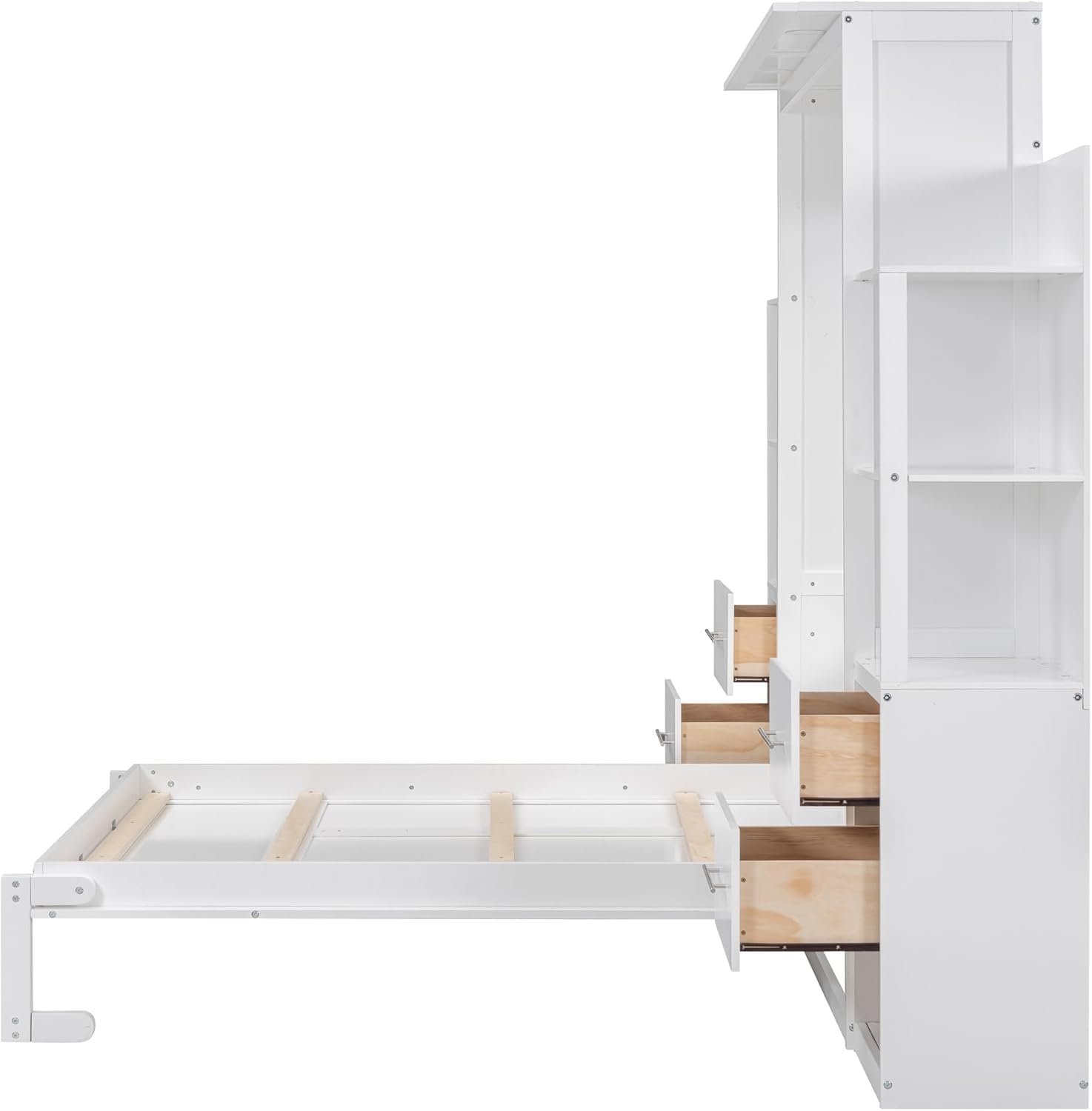 Side profile view of the MERITLINE Full Murphy Bed frame and storage units.