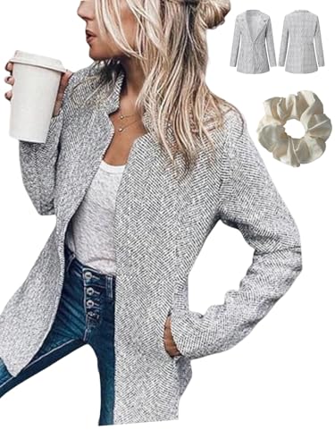 Datebacko Women's Solid Color Pocket Long Sleeve Open Front Coat, Wide Shoulders Slim Fit Plus Size Jacket Soft Fabric