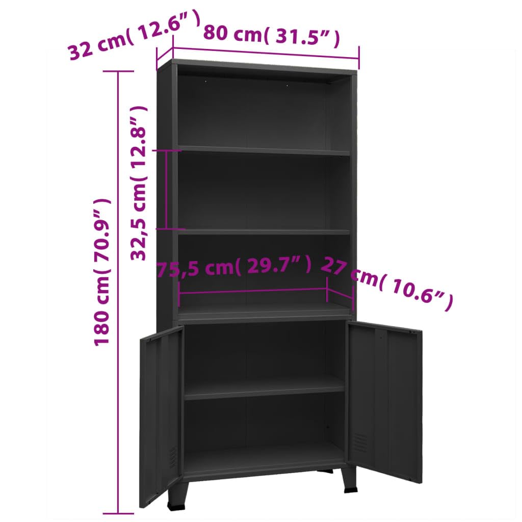 Libreria,Scaffale Basso, Scaffale Multiuso Adatto A Soggiorno, Camera Da Letto, Studio, Aula, Ufficio, Ripostiglio Industriale Antracite 80x32x180 Cm In Acciaio