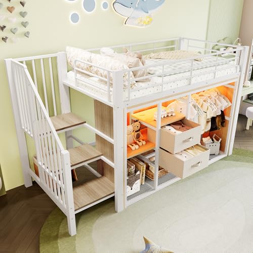 LAKFEW Cama Alta Infantil 90x200 cm con Iluminación LED y Armario Abierto, Cama Tren Juvenil con 2 Cajones y Estante de Almacenaje, Camas Altas con Escalera y Protección Anticaída, Blanco, Sin Colchón